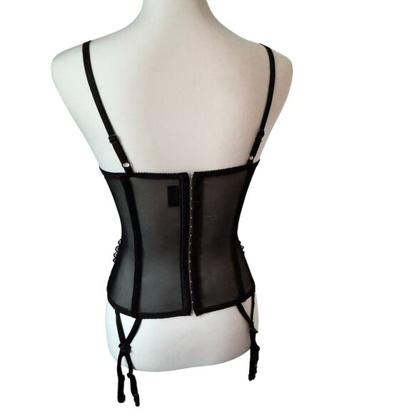 FREDERICKS OF HOLLYWOOD Small Black Lace Demi Cup Sheer Corset Top Garter Clips - Picture 4 of 10